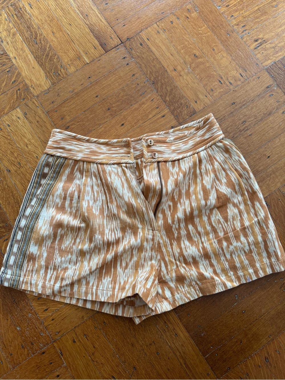 Ulla Johnson Rust & Cream Ikat High-Rise Shorts with Side Stripe